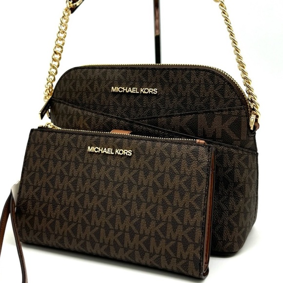 MICHAEL KORS Jet Set Travel Medium Dome Crossbody Bag & Double Zip Wallet Brown - Picture 3 of 13